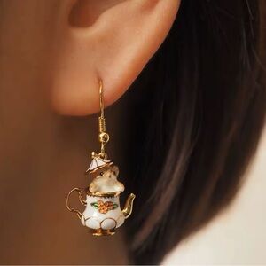 Funny Enamel Cartoon Chipmunk French Teapot Earrings